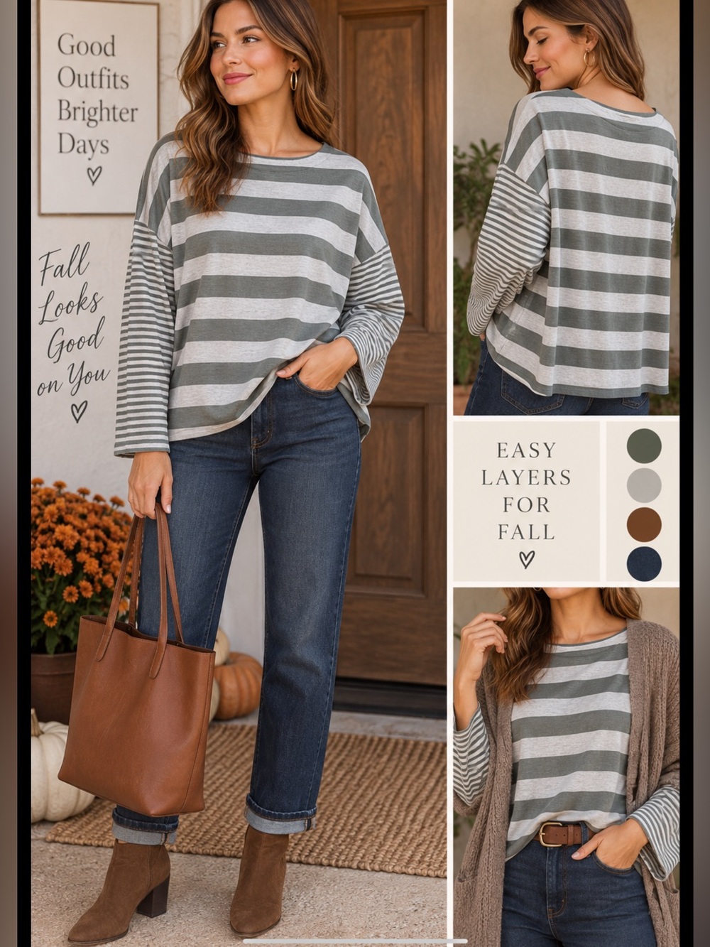 J.Jill XL Petite Olive/ Oatmeal Mixed Stripe Cotton Oversized Long Sleeve ToP